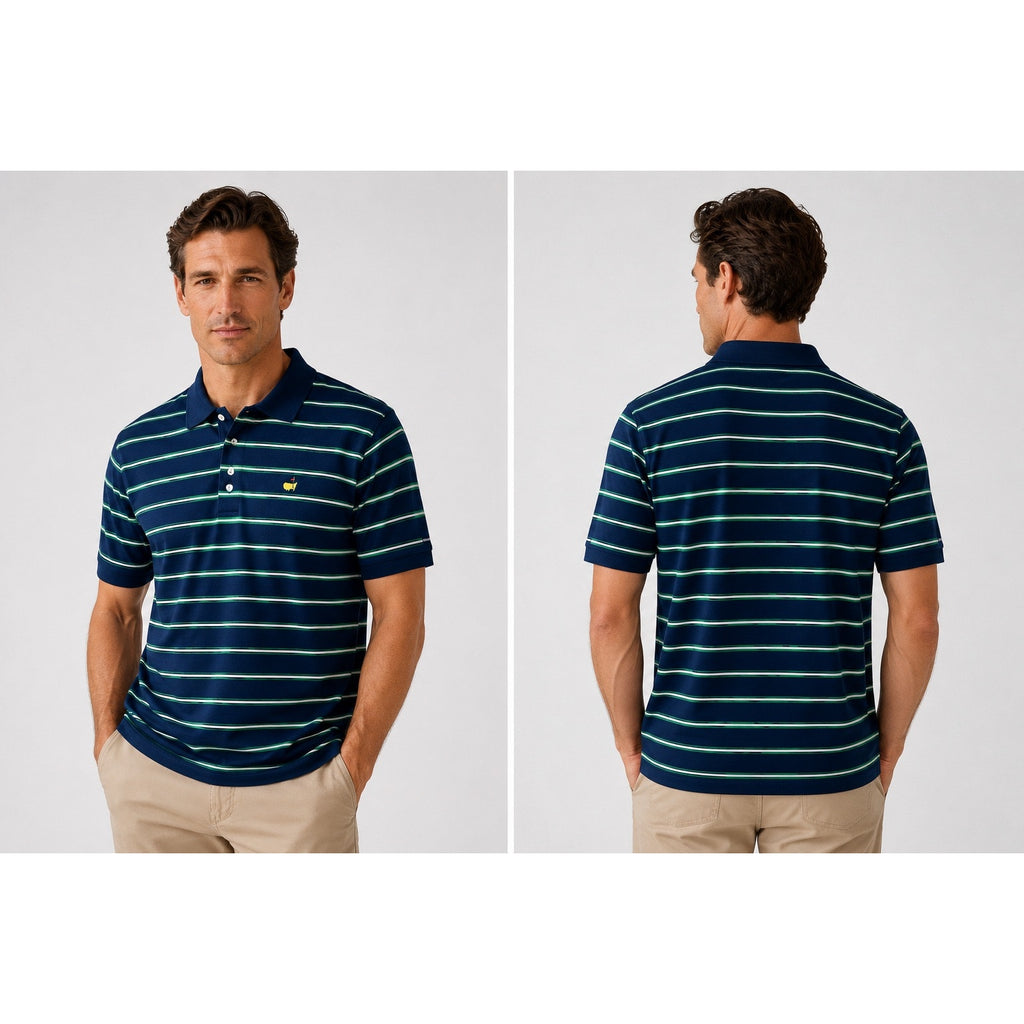 Masters Collection 60s Two Ply Mercerized Striped Mesh Knit Polo in Navy Green White — Size 2XL // Preowned