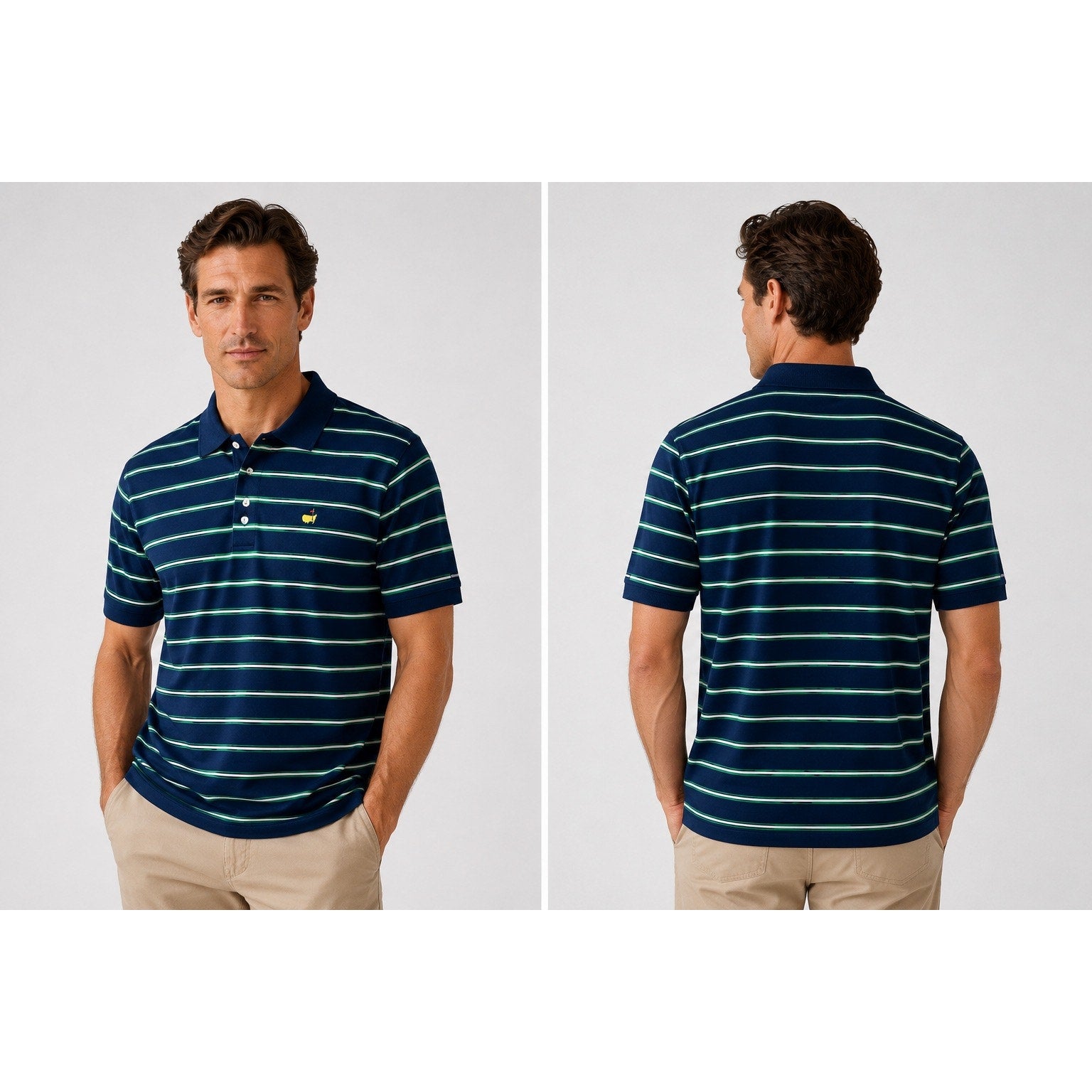 Masters Collection 60s Two Ply Mercerized Striped Mesh Knit Polo in Navy Green White — Size 2XL // Preowned
