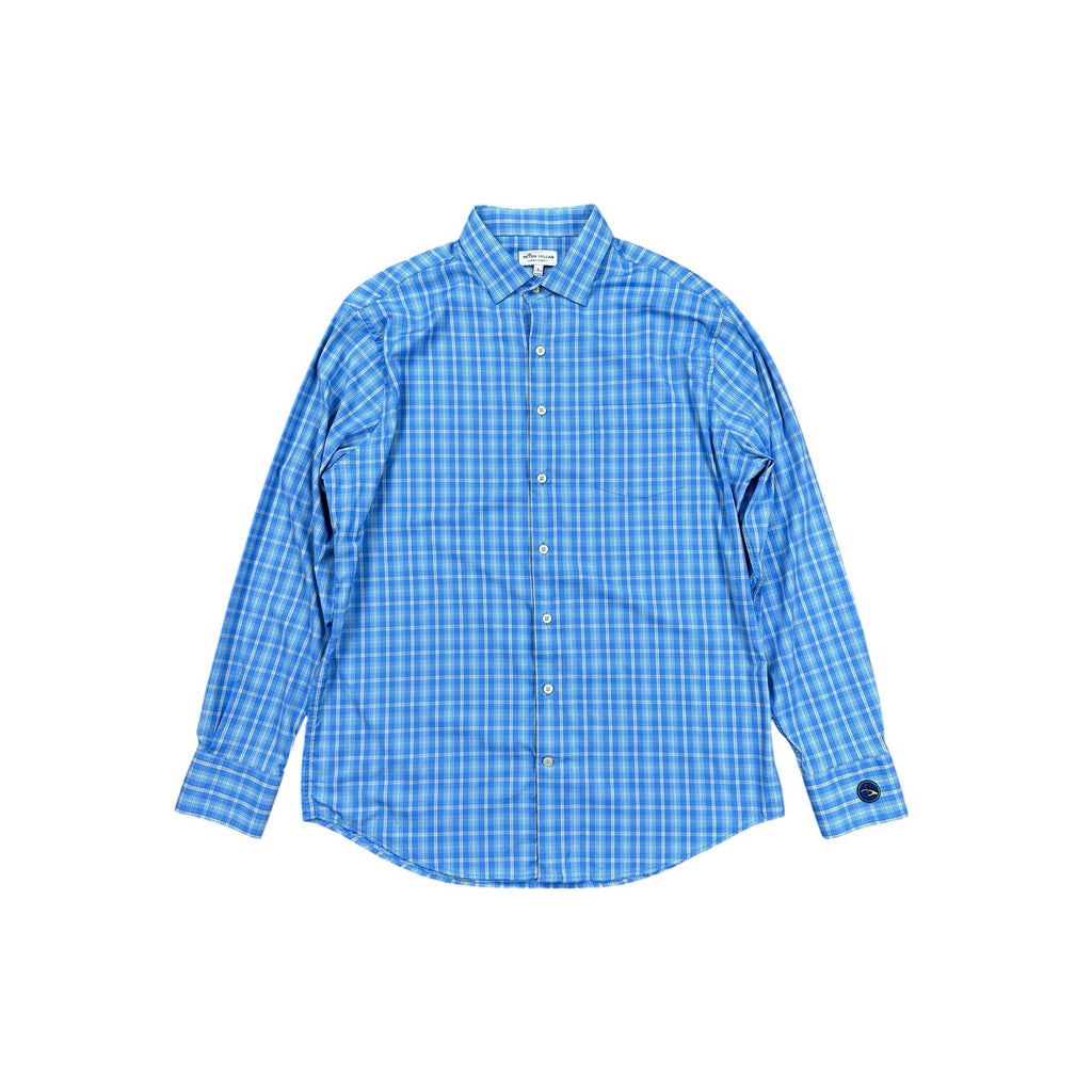 Peter Millar Summer Comfort Plaid Eagle Point Golf Club Long Sleeve Button Down in Blue Tan White — Size Large // Preowned