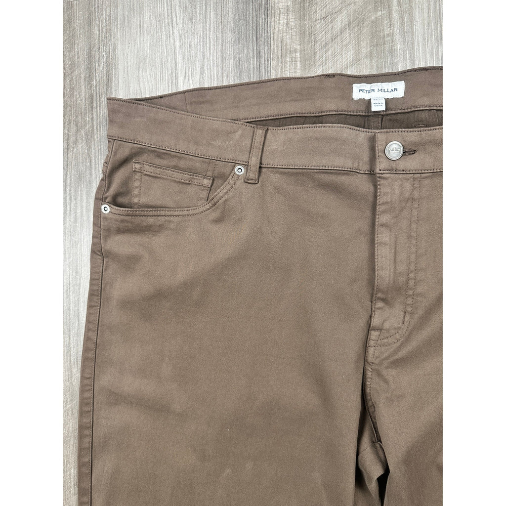 Peter Millar Signature Sateen 5 Pocket Chino Pants in French Press Brown — Size 42x34