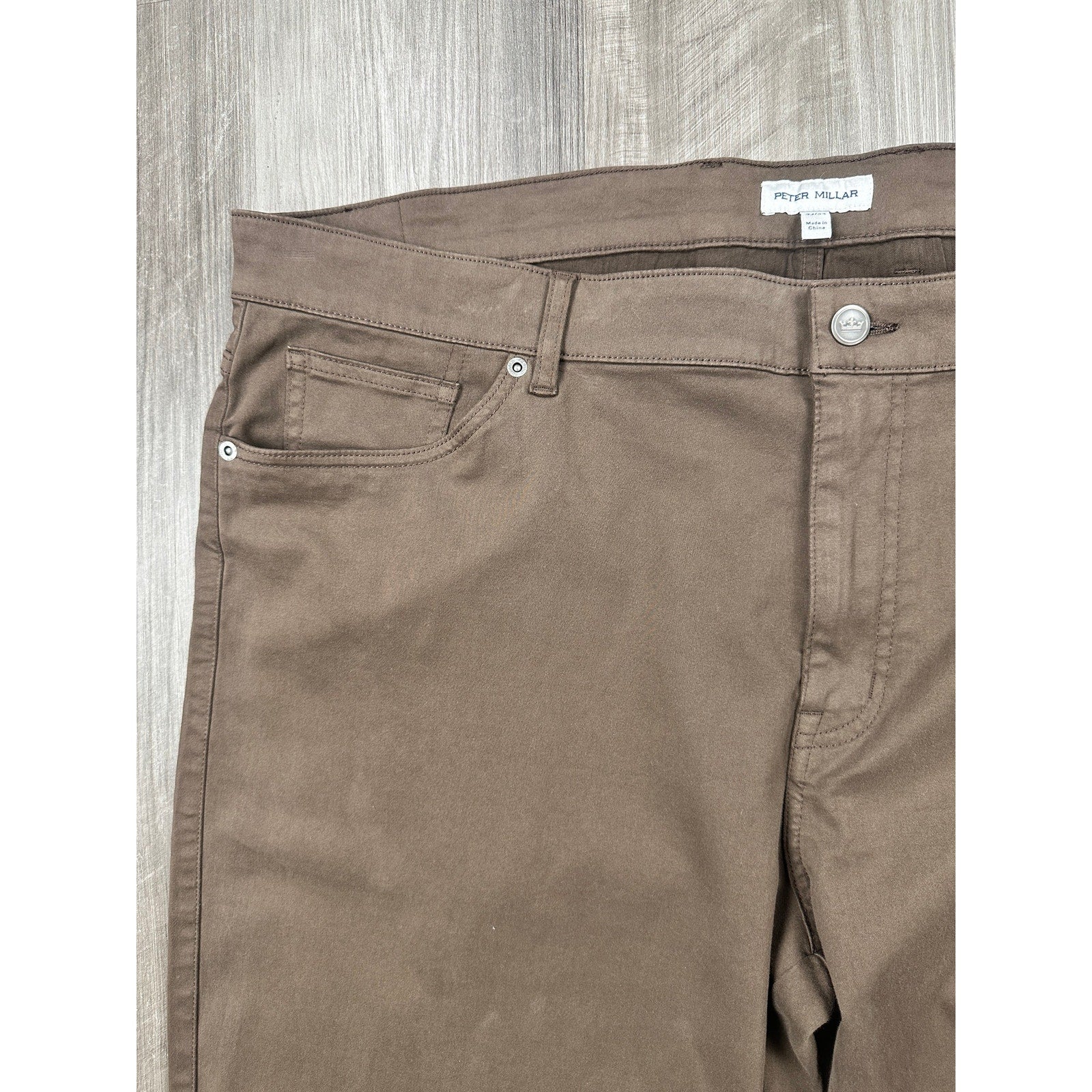 Peter Millar Signature Sateen 5 Pocket Chino Pants in French Press Brown — Size 42x34