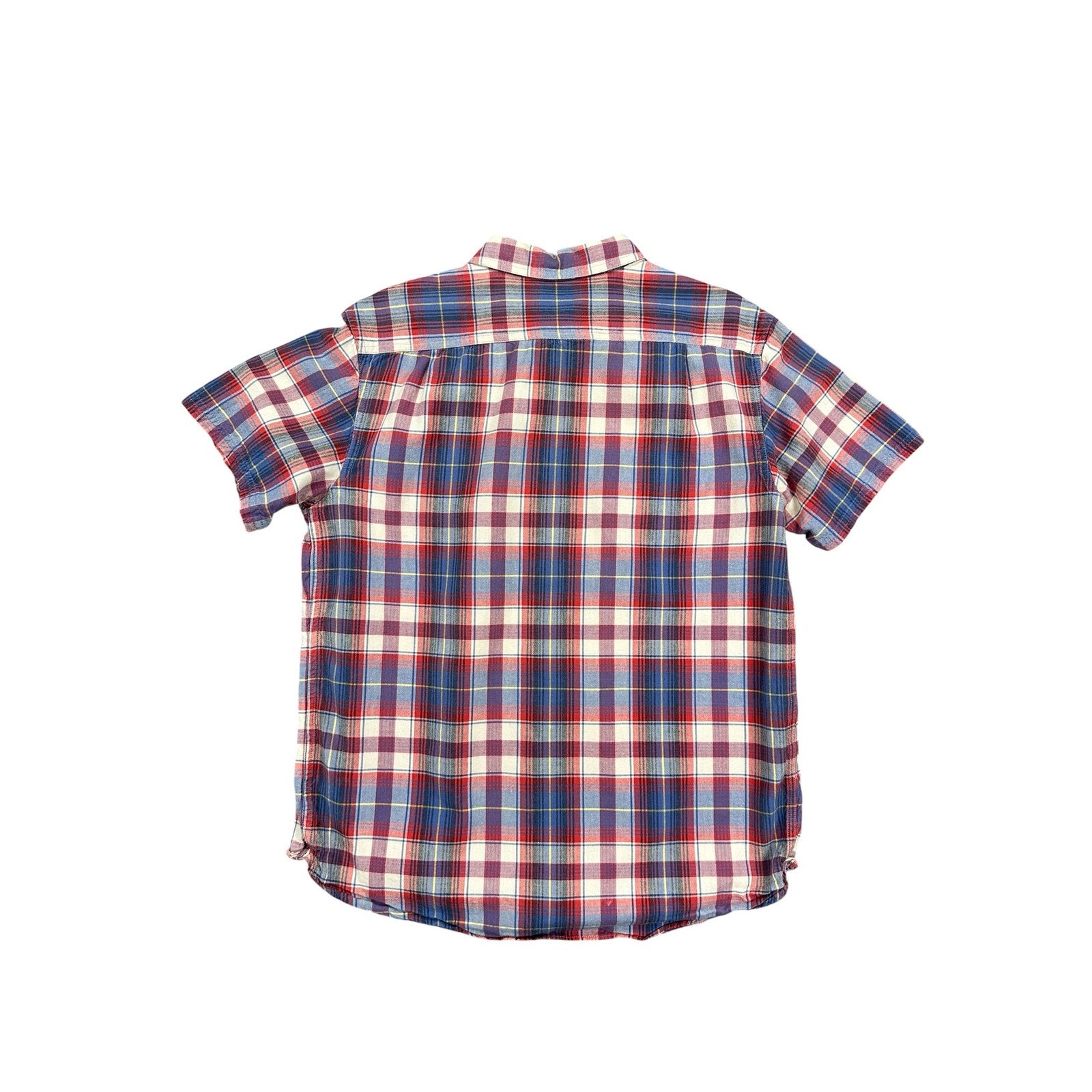 A.P.C. Madras Plaid Short Sleeve Button Down Shirt in Blue Red Ivory Yellow — Size Large // Preowned