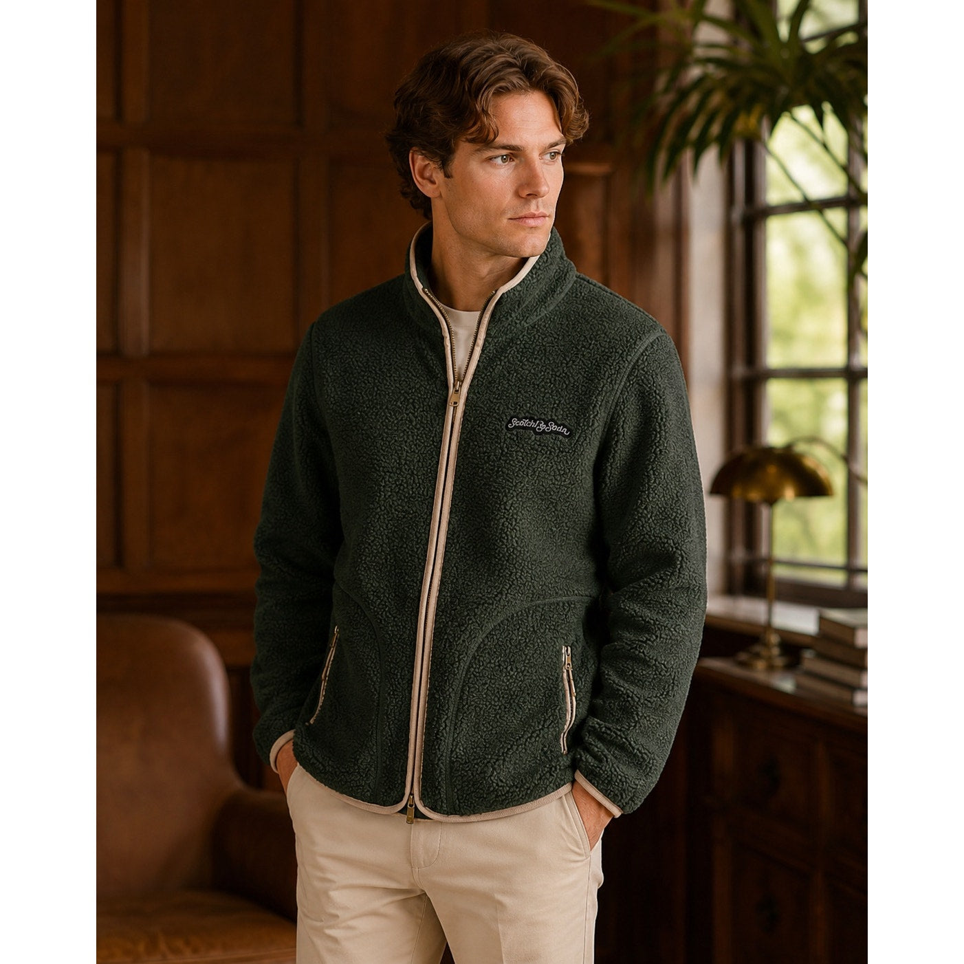 Scotch & Soda Pine Green Sherpa Full Zip Jacket - Medium