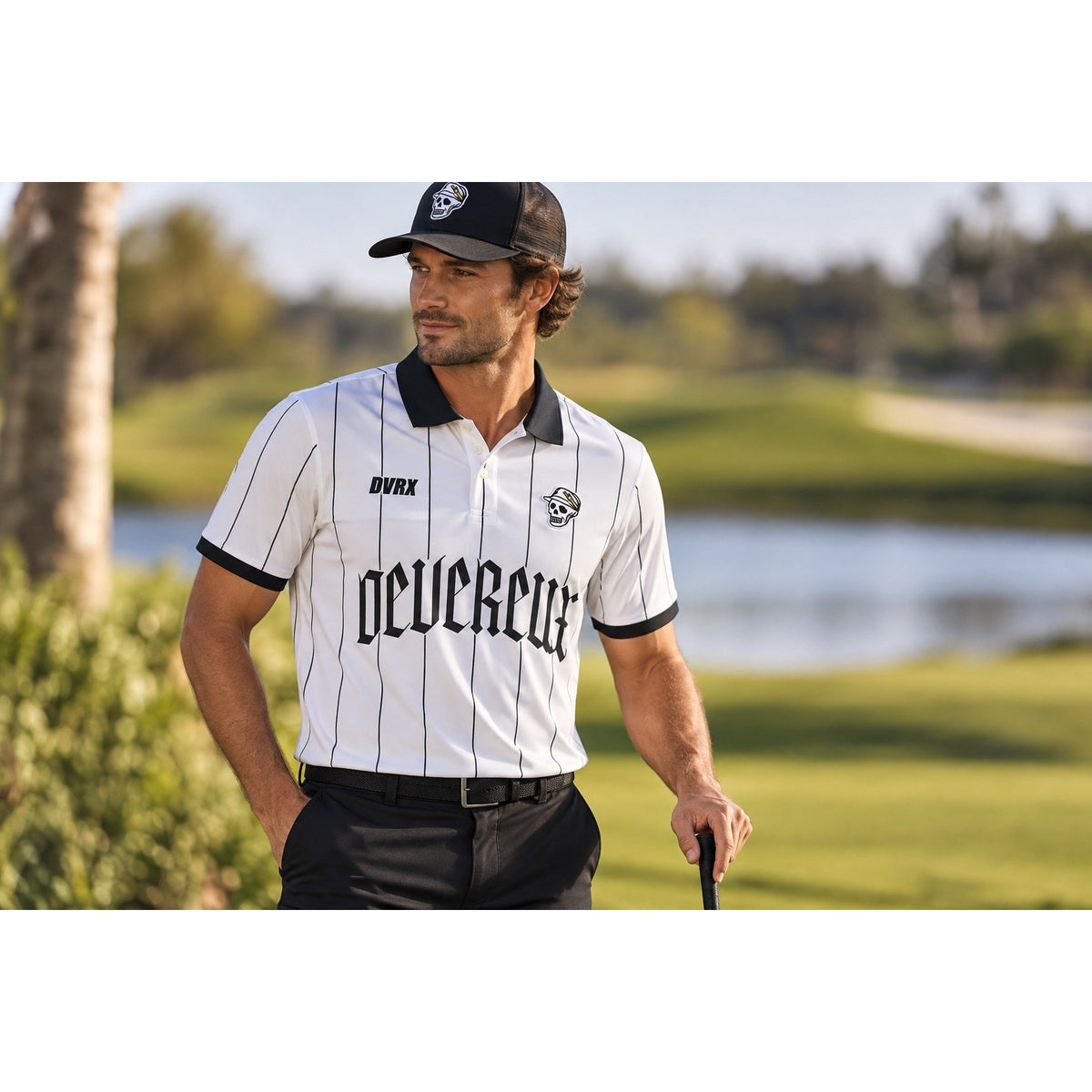 Devereux Golf DVRX Pinstripe Old English Skull Performance Polo — Size Small