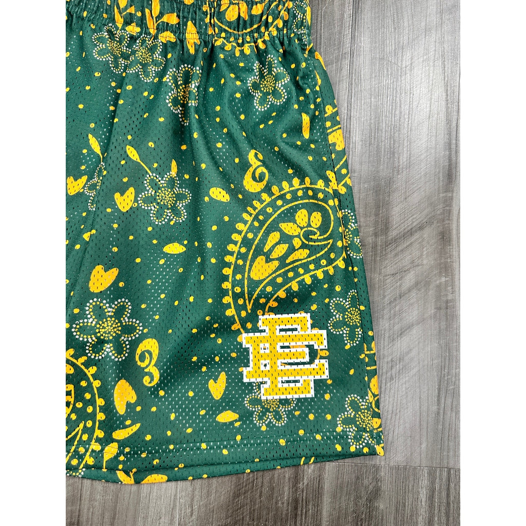 Eric Emanuel Paisley Mesh Gym Shorts in Green, Golden Yellow and White — Size XL // Preowned