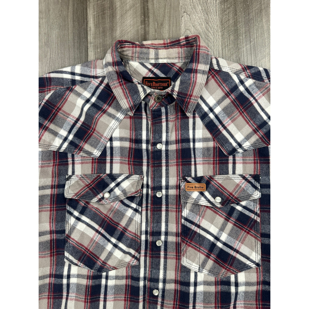 FiveBrother Heavyweight 9oz Western Pearl Snap Flannel Long Sleeve Shirt in White, Gray, Navy, Red — Size Large Tall // Preowned