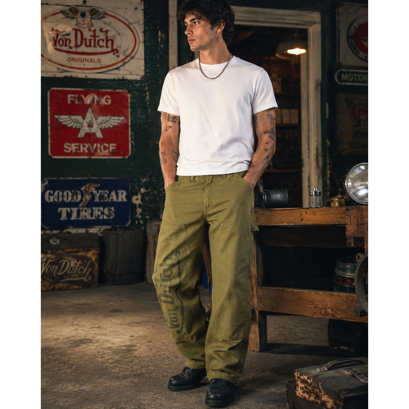 Von Dutch Straight Double-Knee Carpenter Pant in Sphagnum Green — Size 34