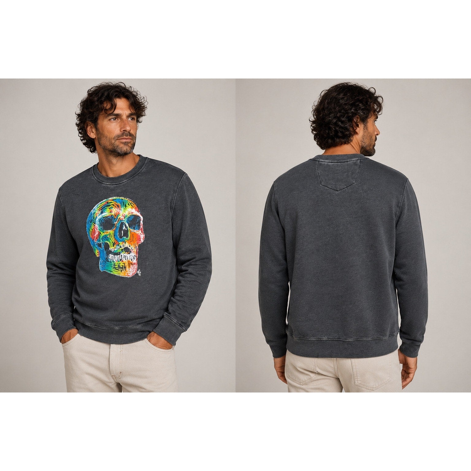 Robert Graham Neon Bones Graphic Long Sleeve Sweatshirt in Charcoal — Size XL