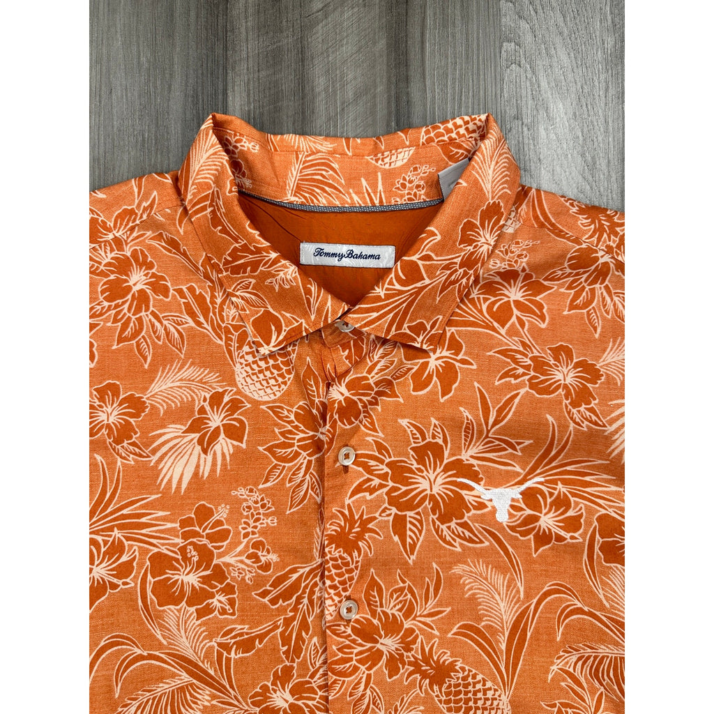 Tommy Bahama Texas Longhorns Hawaiian Cotton Short Sleeve Camp Shirt in Orange, White — Size 2XL // Preowned