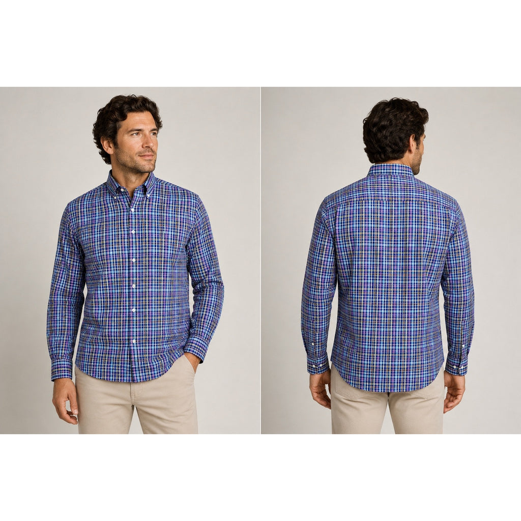 Peter Millar Summer Comfort Plaid Long Sleeve Shirt in Light Blue, Blue, Purple, Tan, White — Size Large // Preowned