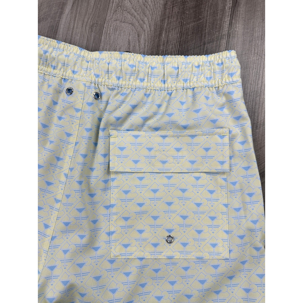 Robert Graham Martini Tower Swim Trunks in Yellow Light Blue and White — Size Medium