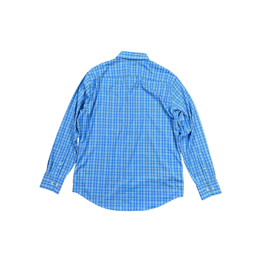 Peter Millar Summer Comfort Plaid Eagle Point Golf Club Long Sleeve Button Down in Blue Tan White — Size Large // Preowned