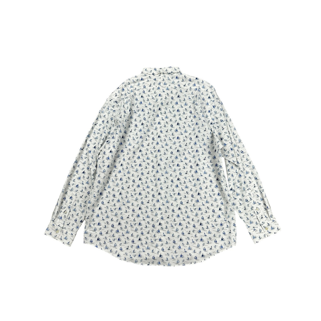 Polo Ralph Lauren Classic Fit Sailboat Anchor AOP Long Sleeve Shirt in White Blue — Size 2XL