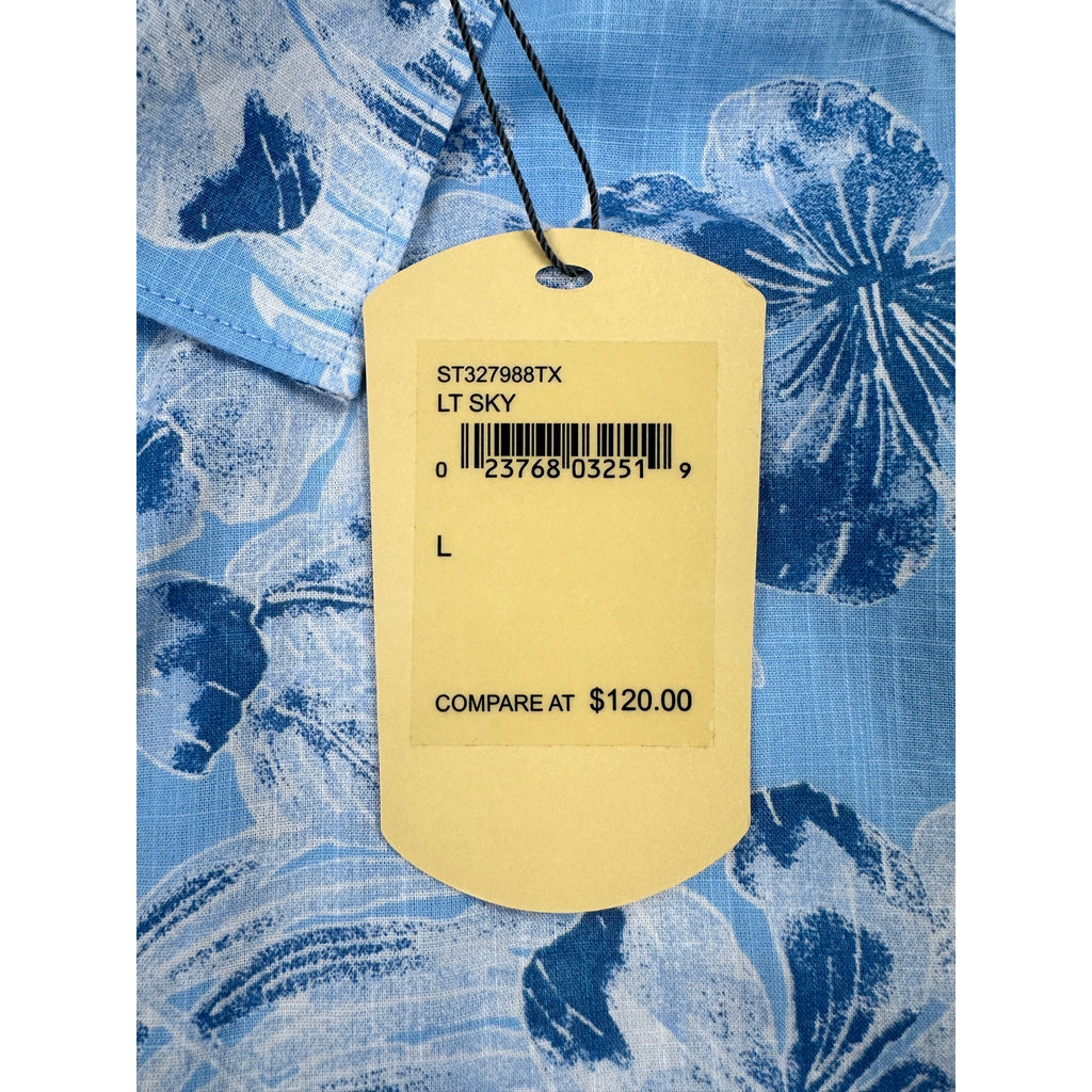 Tommy Bahama Hibiscus Floral Hawaiian Cotton Short Sleeve Camp Shirt in Light Sky Blue — Size Large