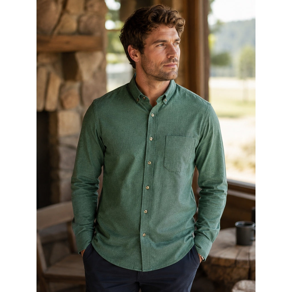 Mizzen+Main Trim Fit City Flannel Golf Long Sleeve Button Down in Heather Spruce Green — Size Medium // Preowned