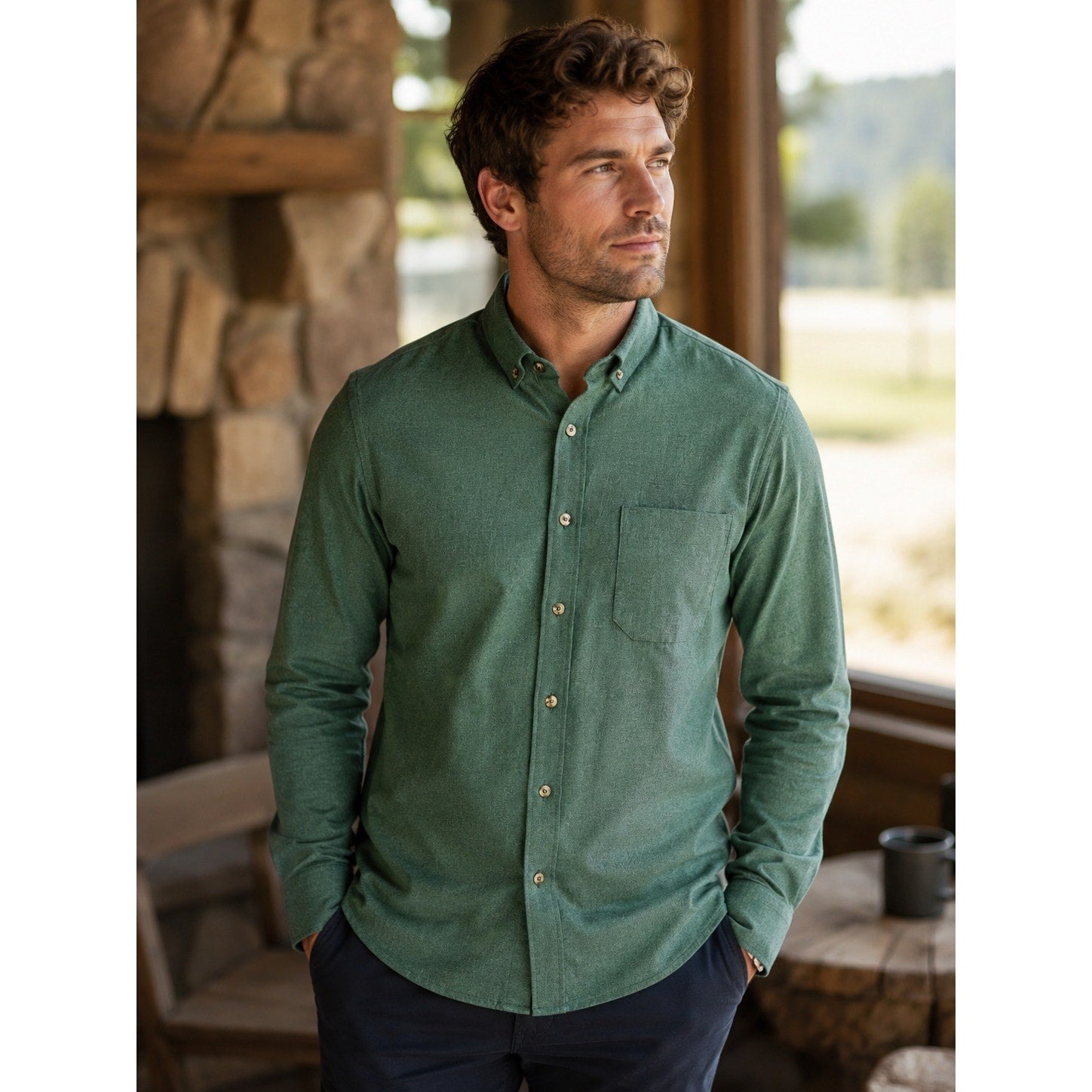 Mizzen+Main Trim Fit City Flannel Golf Long Sleeve Button Down in Heather Spruce Green — Size Medium // Preowned
