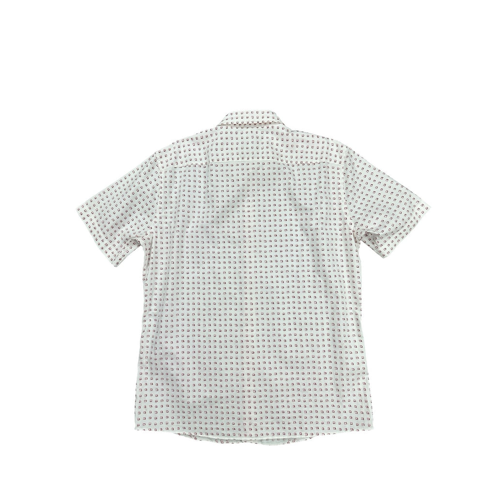BOSS Slim Fit Ink Squares Short Sleeve Button Down in White with Red Squares — Size Large // Preowned