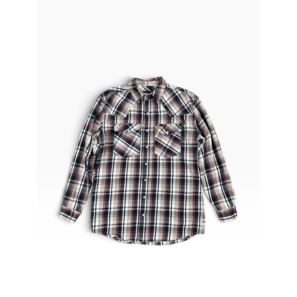 FiveBrother Heavyweight 9oz Western Pearl Snap Flannel Long Sleeve Shirt in White, Gray, Navy, Red — Size Large Tall // Preowned