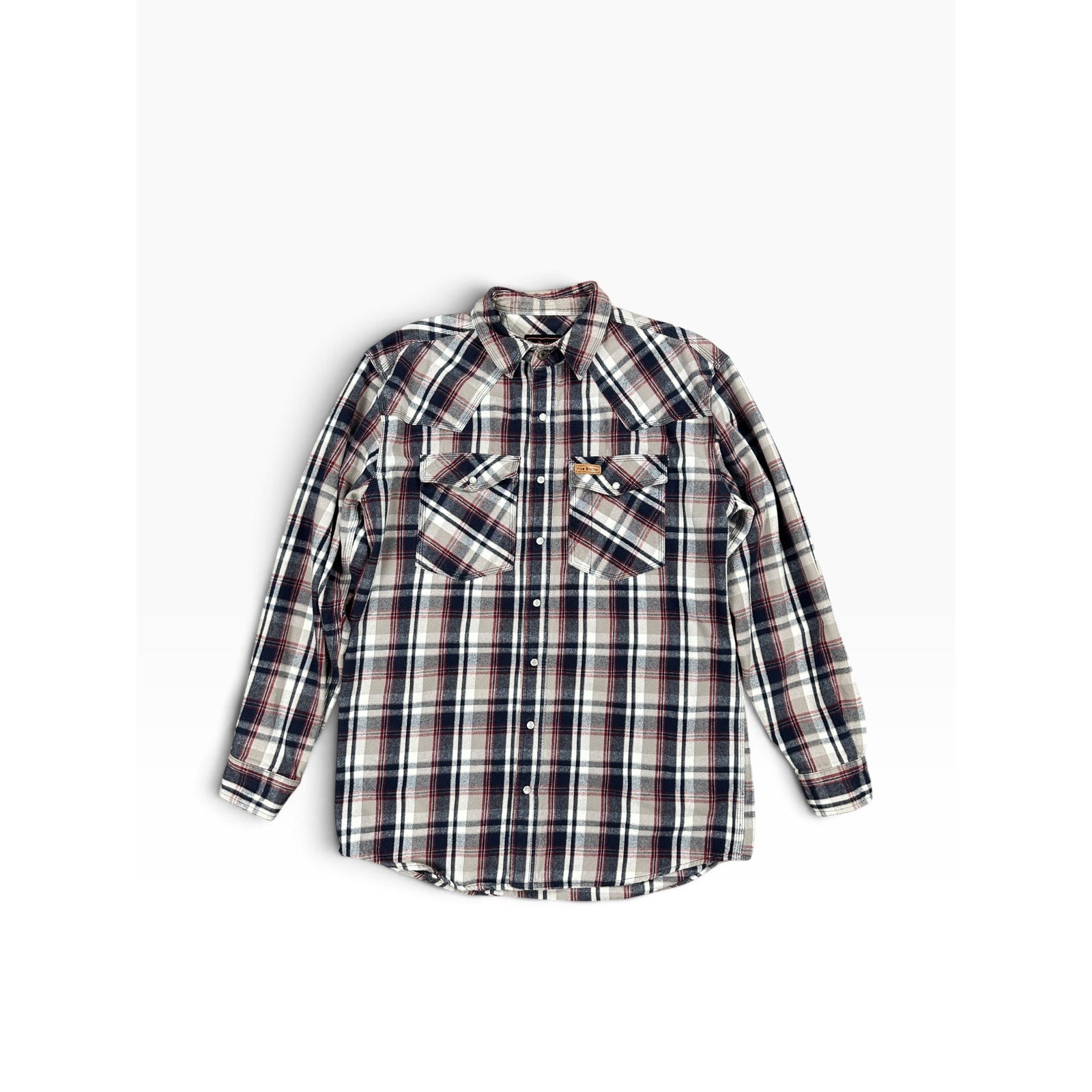 FiveBrother Heavyweight 9oz Western Pearl Snap Flannel Long Sleeve Shirt in White, Gray, Navy, Red — Size Large Tall // Preowned