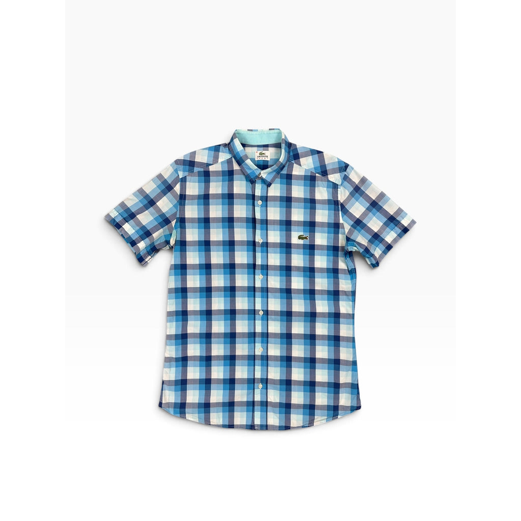 Lacoste Sport Trim Fit Checkered Short Sleeve Shirt in Blue, White — Size 39 (Medium) // Preowned