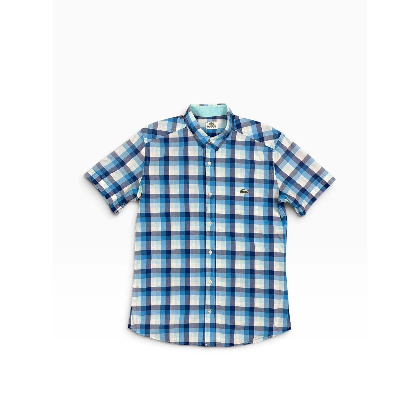 Lacoste Sport Trim Fit Checkered Short Sleeve Shirt in Blue, White — Size 39 (Medium) // Preowned