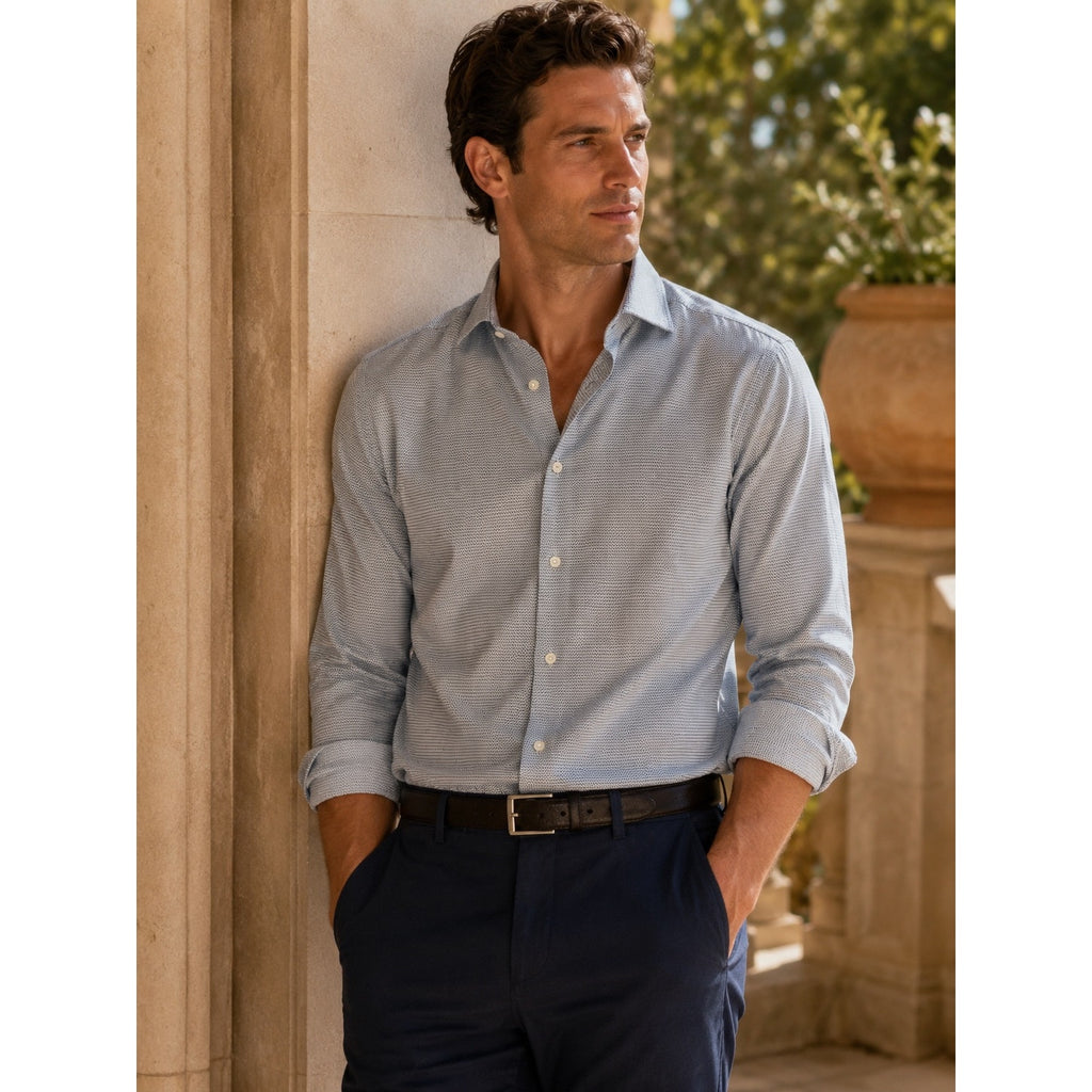 Canali Impeccabile Made in Italy Textured Stitch Long Sleeve Shirt in Light Blue, Blue, Gray — Size 41/16 (Large) // Preowned