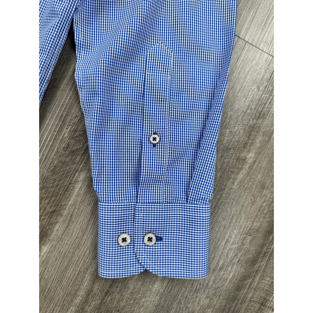 UNTUCKit Kelly Micro Check Slim Fit Wrinkle Free Long Sleeve Shirt in Dark Blue, White — Size Medium // Preowned