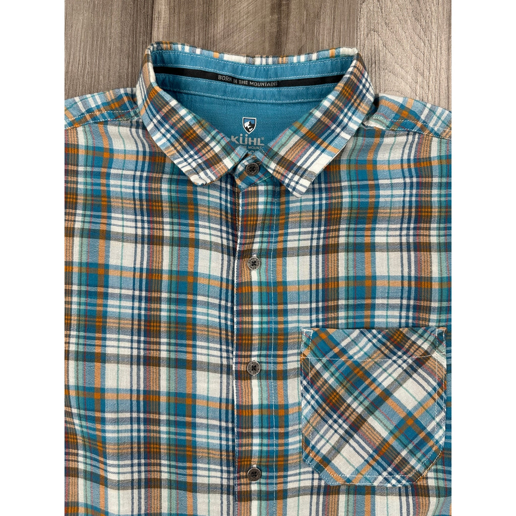 Kuhl Short Sleeve Plaid Button Down in Blue, Green, Orange, Red and White — Size Large // Preowned