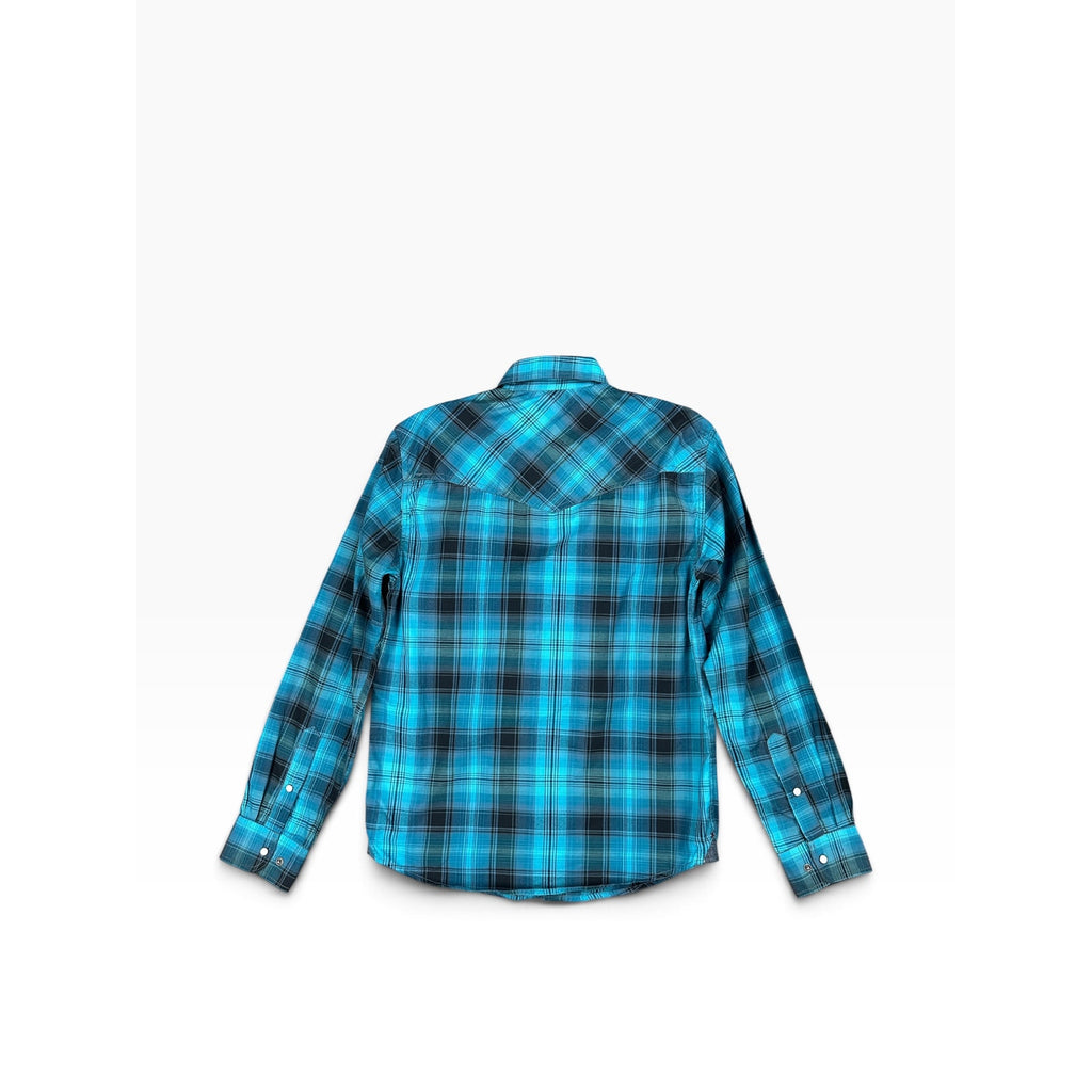 Rafter C Red Dirt Collection Plaid Non Iron Long Sleeve Pearl Snap in Turquoise, Black, Gray — Size Small