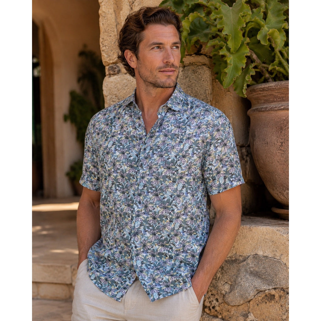 Robert Graham Silverman Classic Fit Floral Linen Short Sleeve Shirt in Gray, Purple, Yellow, Slate Blue — Size Small