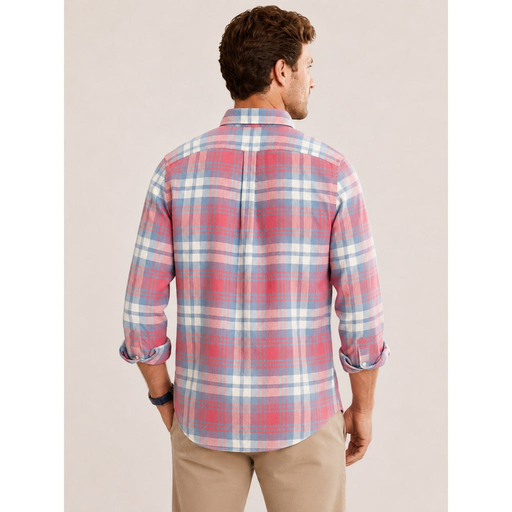 Vineyard Vines Slim Fit Tucker Shirt in Pink Blue Gray White Plaid Linen Blend — Size Large