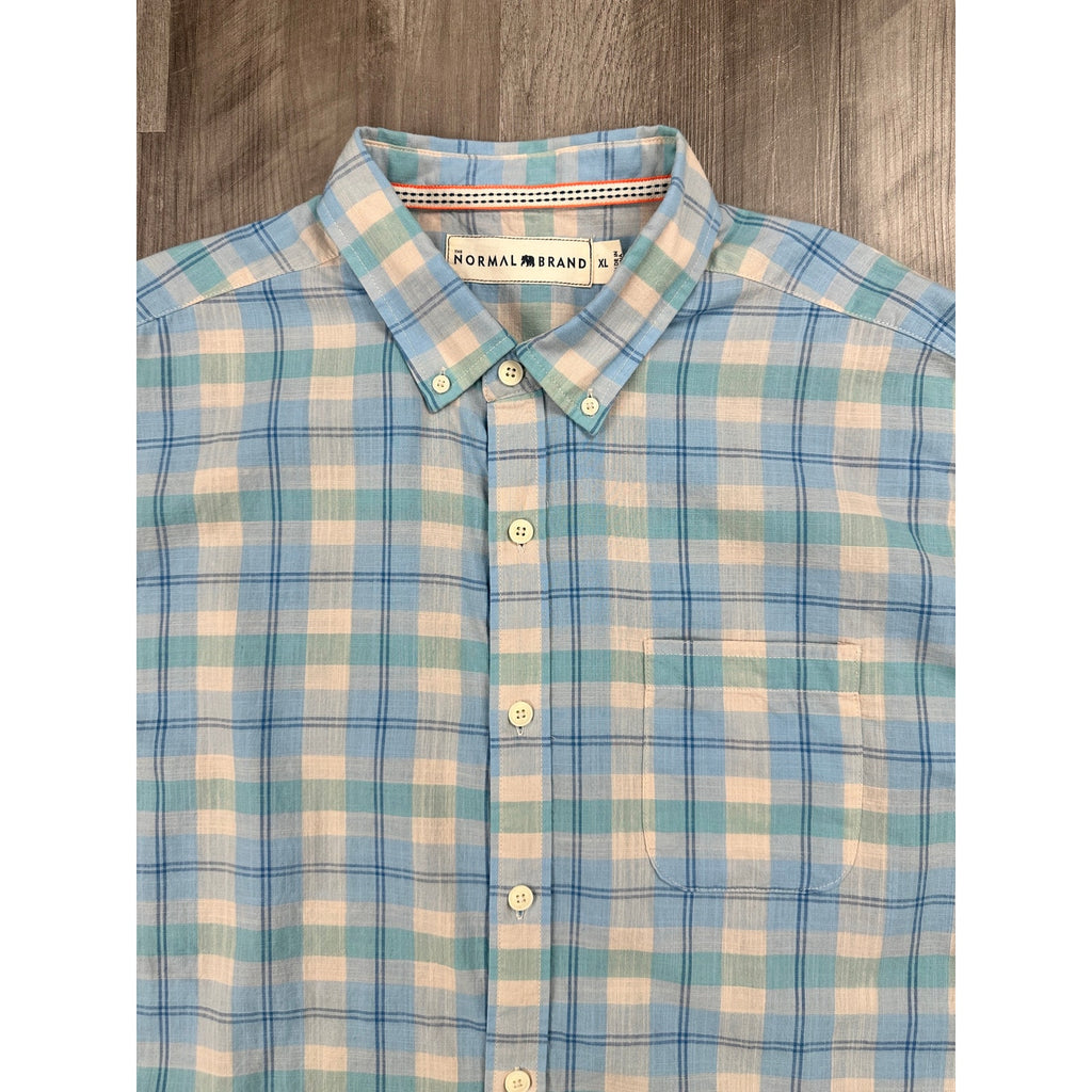 The Normal Brand Plaid Long Sleeve Button Down in Light Blue Light Green Cream and Light Navy — Size XL // Preowned