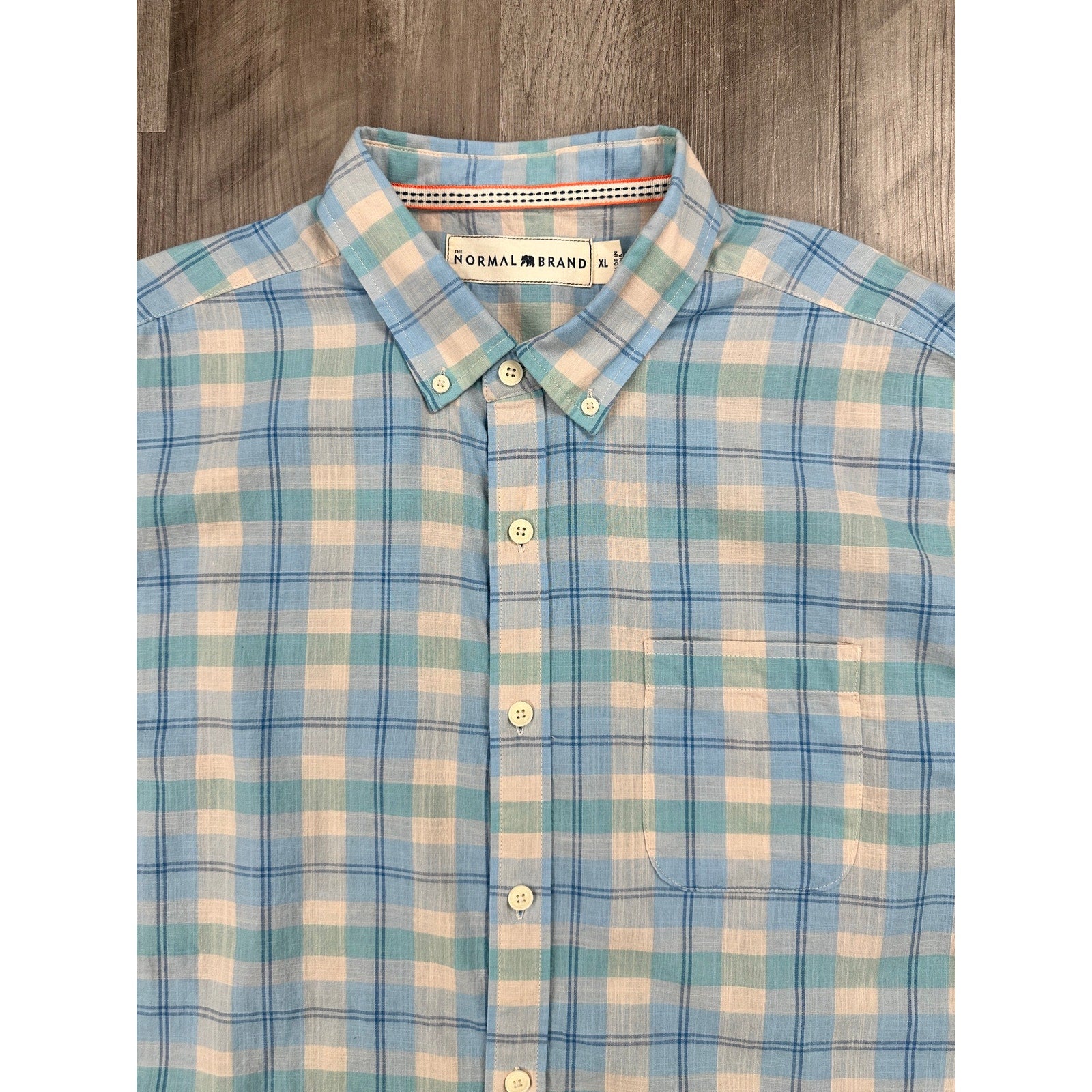 The Normal Brand Plaid Long Sleeve Button Down in Light Blue Light Green Cream and Light Navy — Size XL // Preowned
