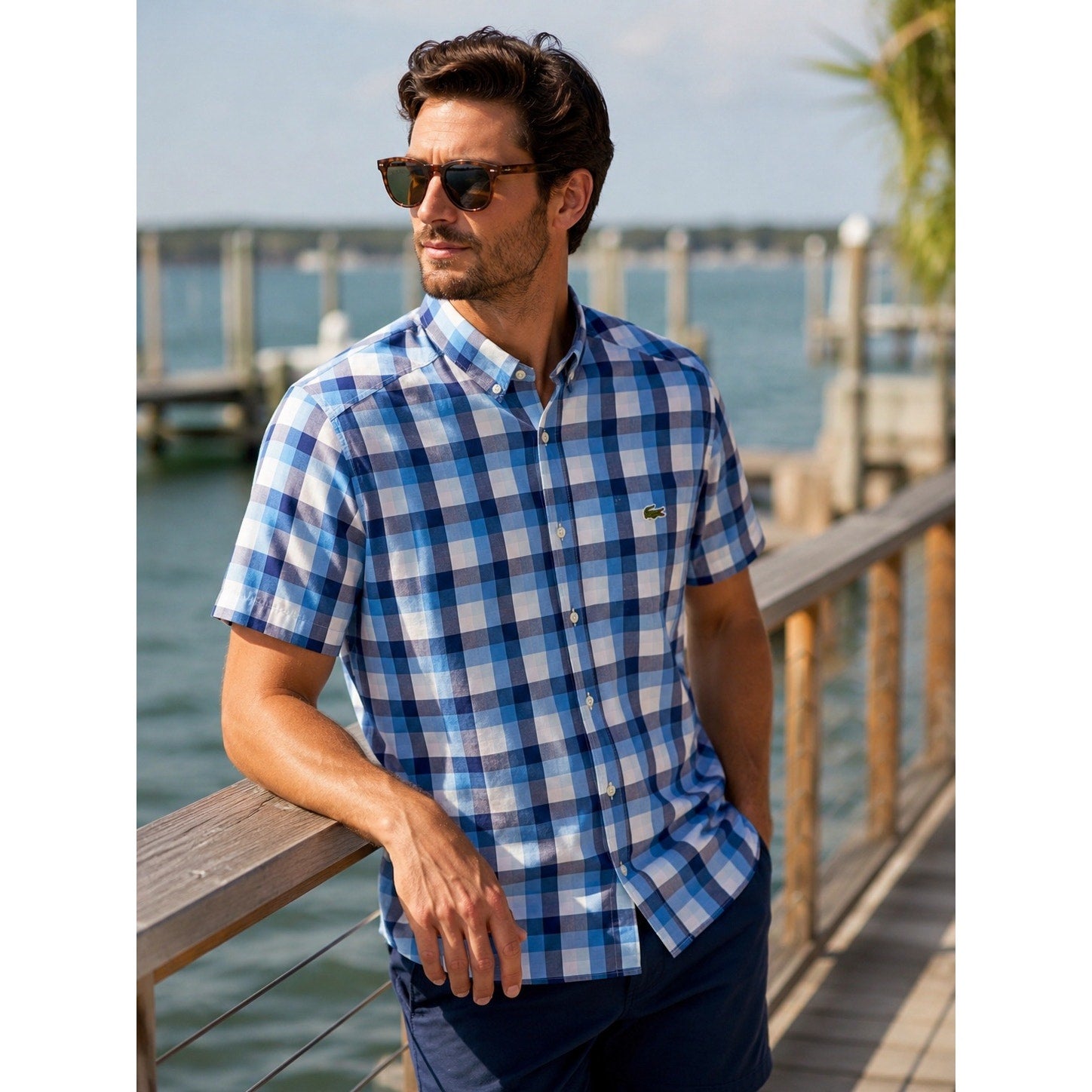 Lacoste Sport Trim Fit Checkered Short Sleeve Shirt in Blue, White — Size 39 (Medium) // Preowned