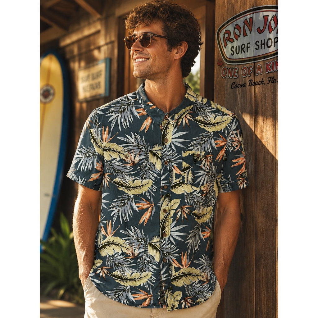 Ron Jon Surf Shop Hawaiian Tropical Short Sleeve Button Down in Dark Slate Blue Green Orange — Size Medium // Preowned