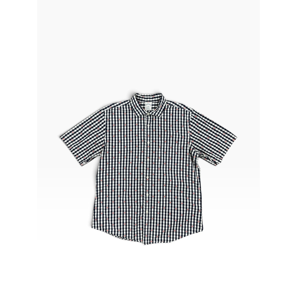 Brooks Brothers Regent Fit Gingham Crab Print Short Sleeve Shirt in Navy, White, Red — Size Large // Preowned