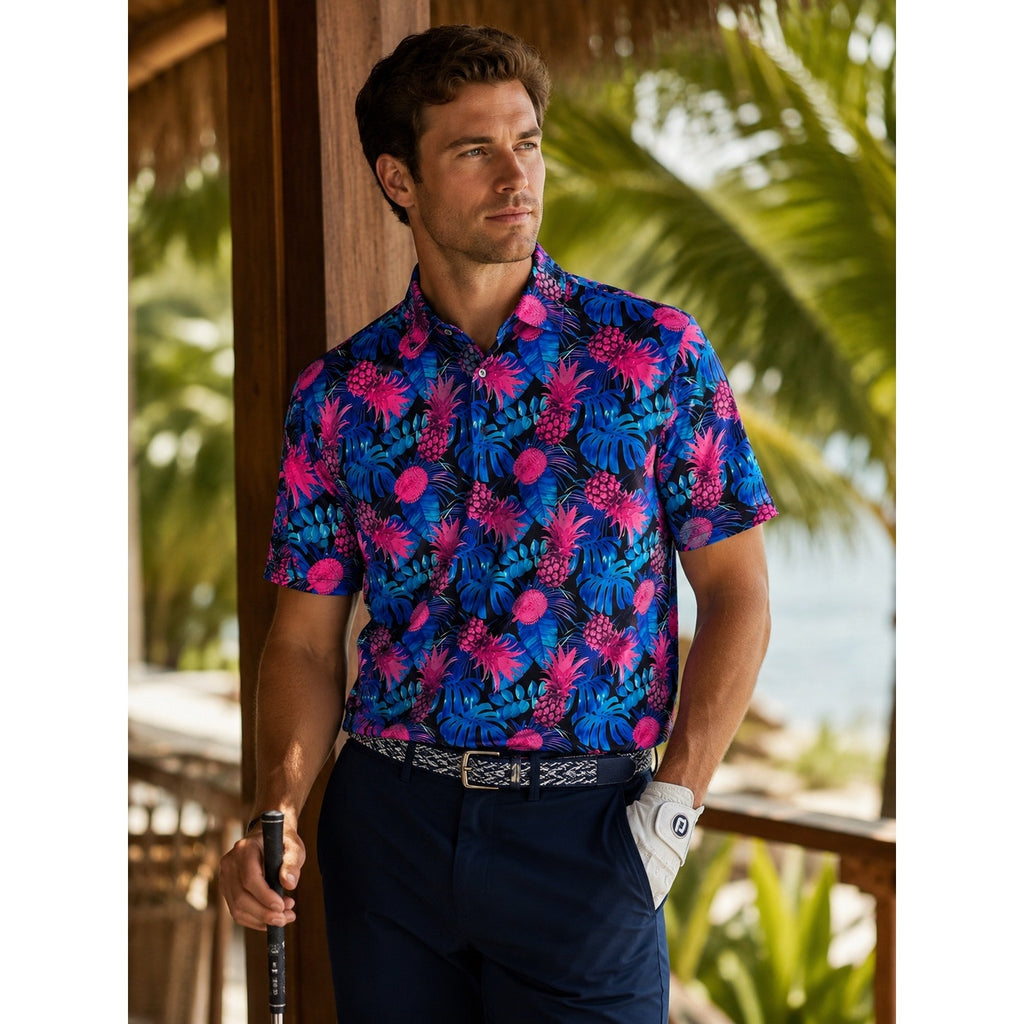 1764 Signature Pink Ananas Hawaiian Pineapple Golf Polo in Black — Size Medium