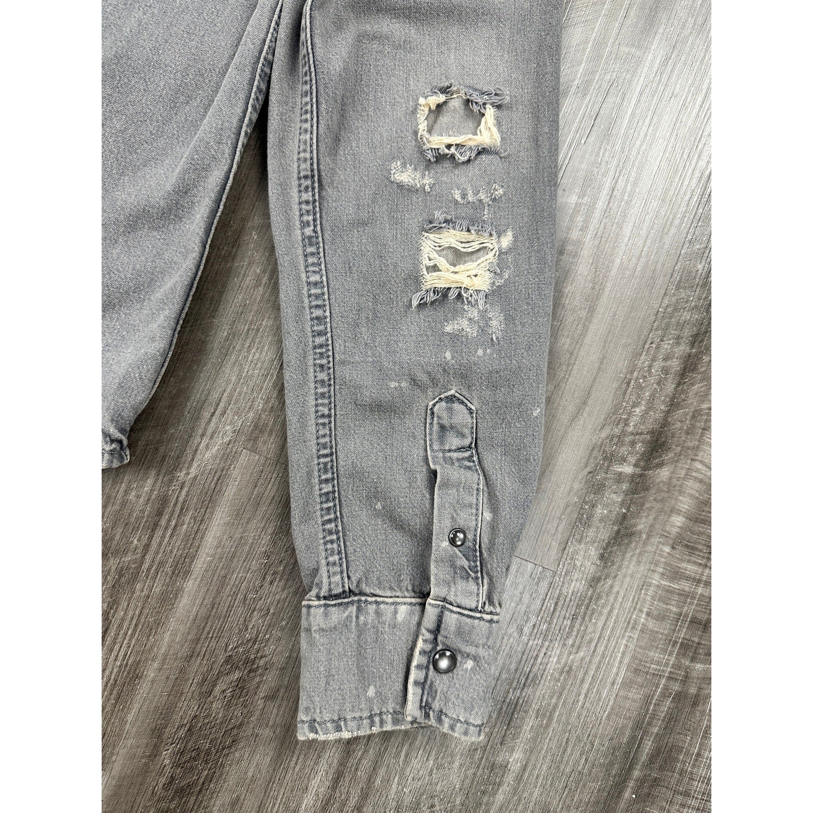 Allsaints Gino Distressed Denim Long Sleeve Pearl Snap in Gray — Size XS // Preowned