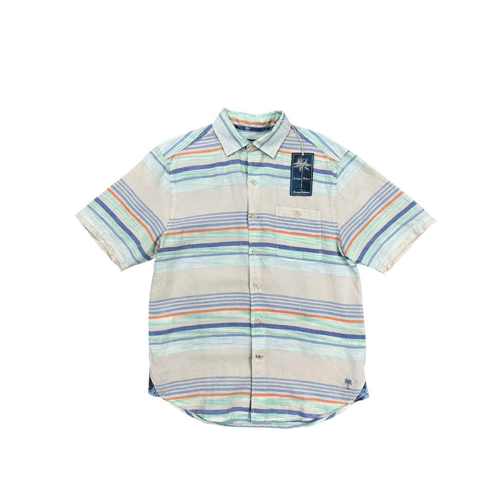 Tommy Bahama Indigo Palms Sand Linen Horizon View Short Sleeve Button Down in Stripe — Size Small