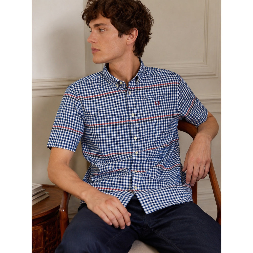 Fred Perry Gingham Short Sleeve Button Down in Blue Red White — Size XL // Preowned