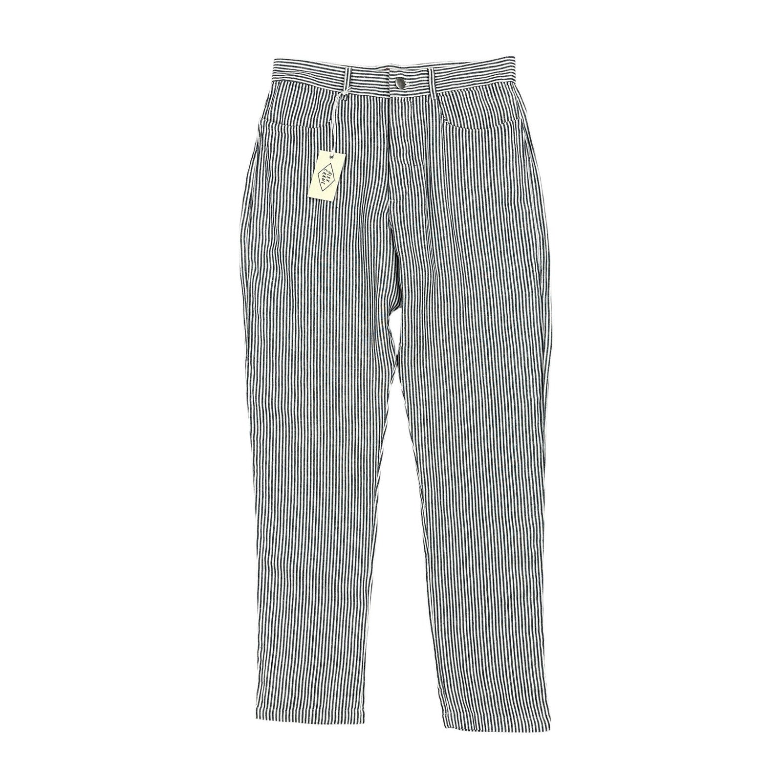 Alex Crane Cham Linen Feel Breezy Button Fly Lines Pants in Navy, Linen White — Size 28