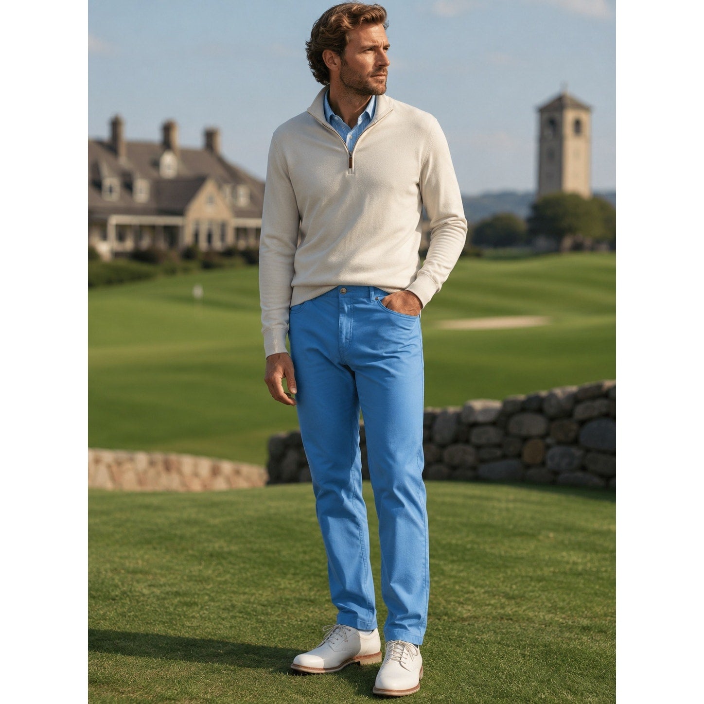 Peter Millar Signature Sateen Five Pocket Pants in Light Blue — Size 40 // Preowned