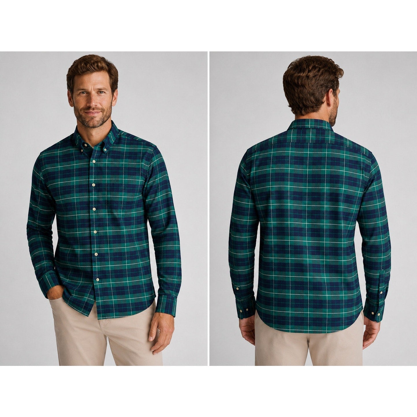 Mizzen+Main Flannel Plaid Trim Fit Long Sleeve Button Down in Green, Navy and White — Size 2XL // Preowned