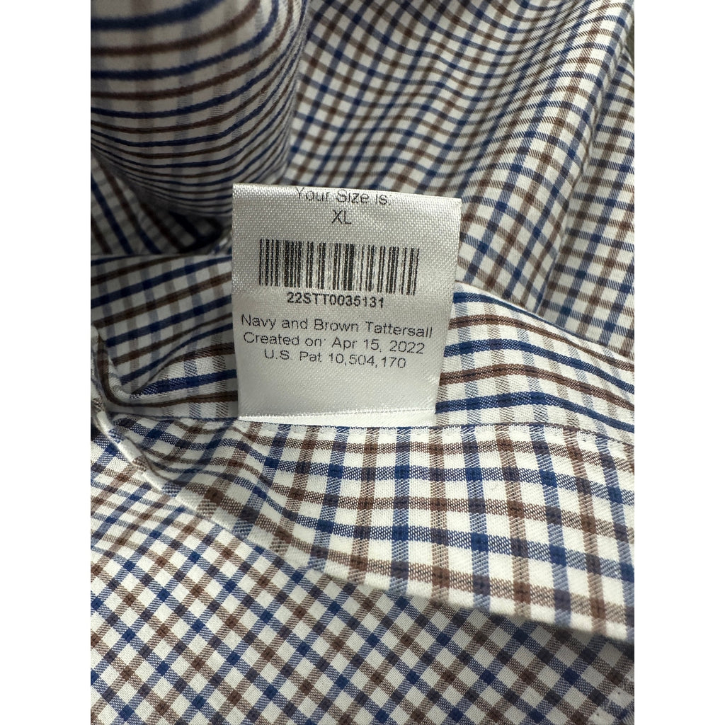 Lucchese Bootmaker Tattersall Plaid Western Long Sleeve Pearl Snap Button Down in Navy Brown and White — Size XL // Preowned