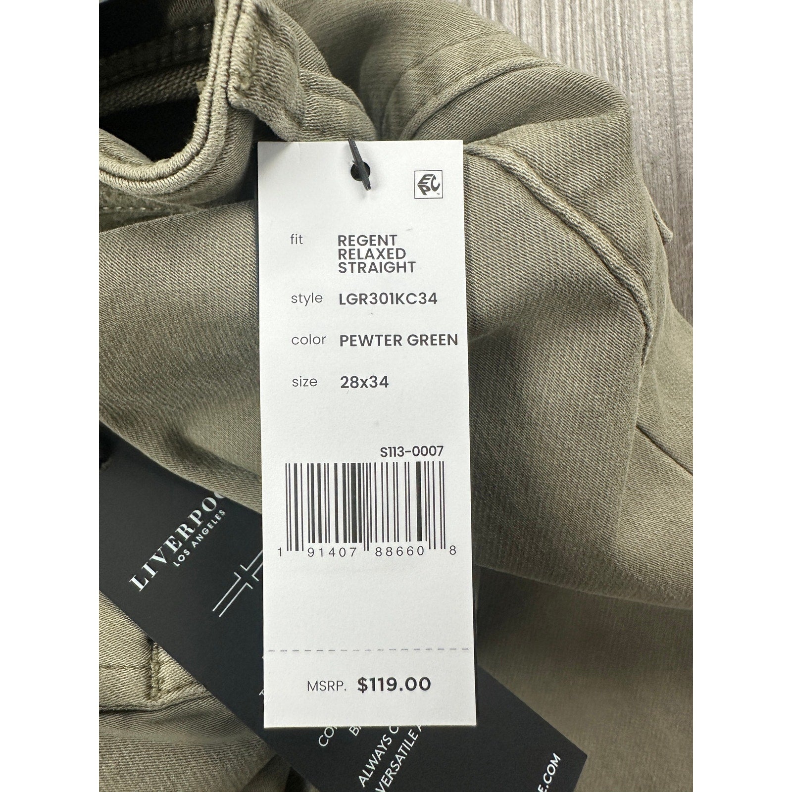 Liverpool Los Angeles Regent Relaxed Straight Stretch Jean in Pewter Green — Size 28x34
