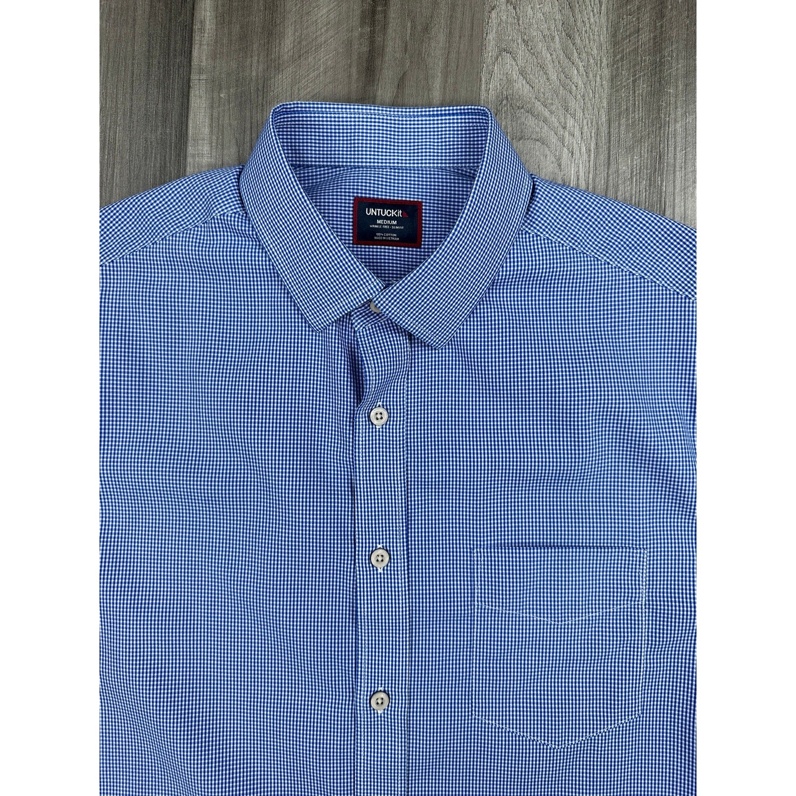 UNTUCKit Kelly Micro Check Slim Fit Wrinkle Free Long Sleeve Shirt in Dark Blue, White — Size Medium // Preowned