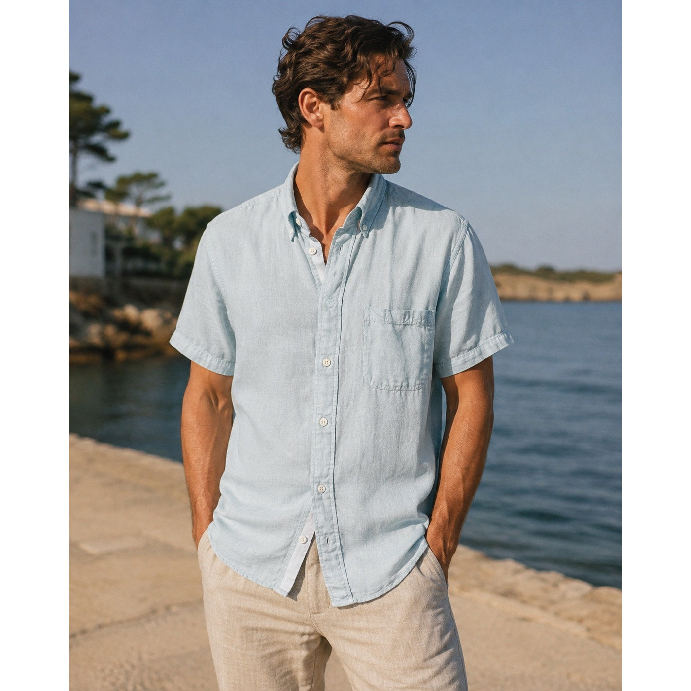Billy Reid Linen Standard Cut Short Sleeve Button Down Shirt in Light Blue — Size Medium // Preowned