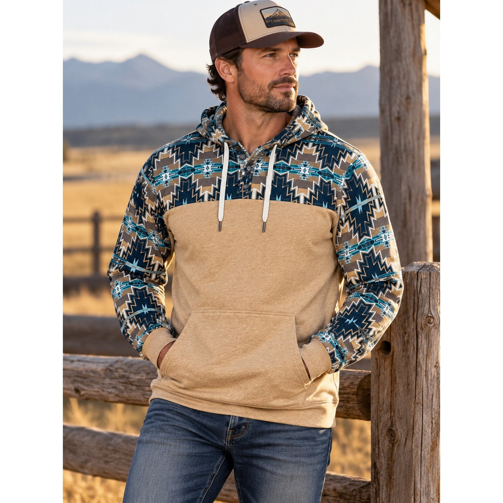 Rock & Roll Denim Aztec Color Block Graphic Tan Henley Hoodie — Size XL // Preowned