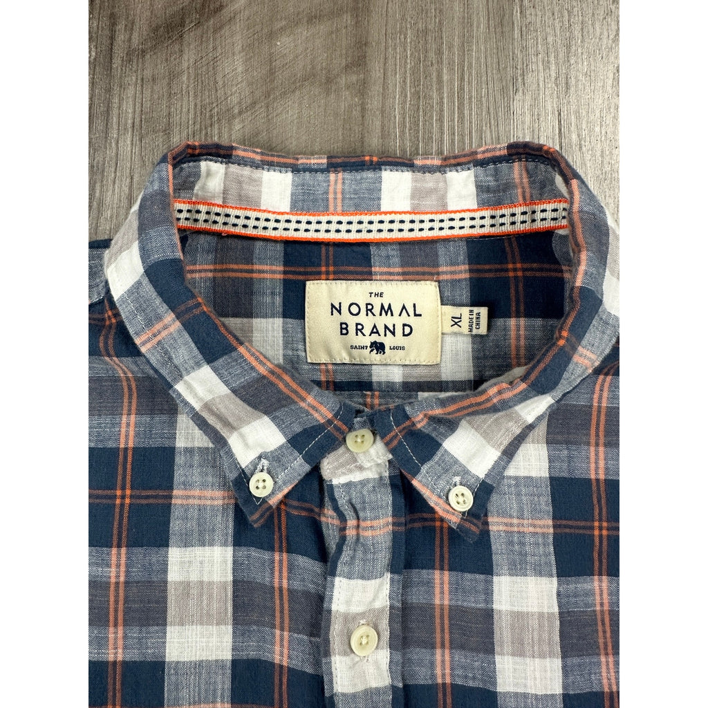 The Normal Brand Plaid Long Sleeve Button Down in Navy Orange Brown and White — Size XL // Preowned