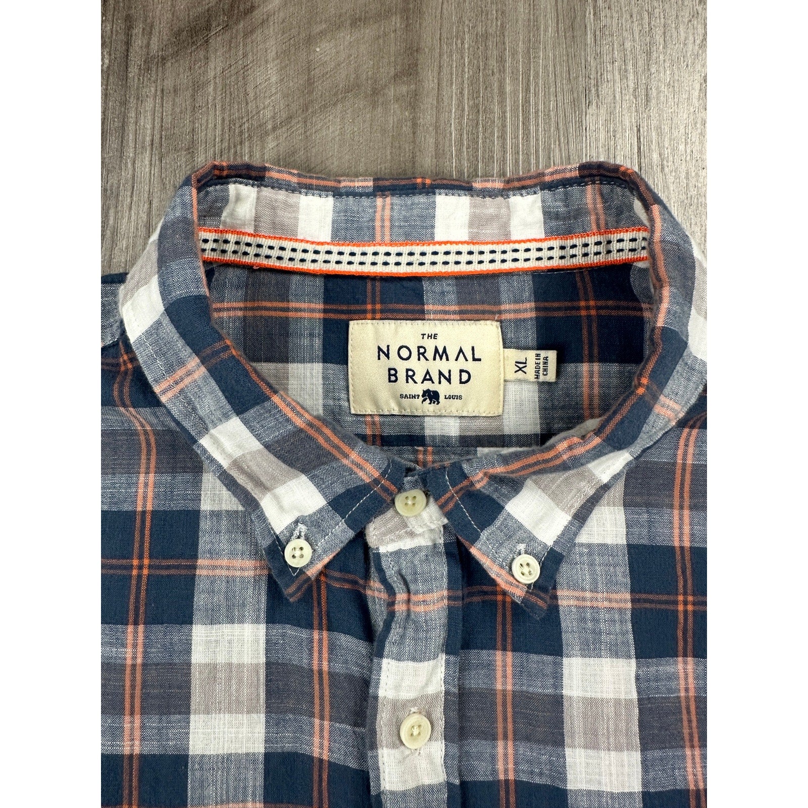 The Normal Brand Plaid Long Sleeve Button Down in Navy Orange Brown and White — Size XL // Preowned